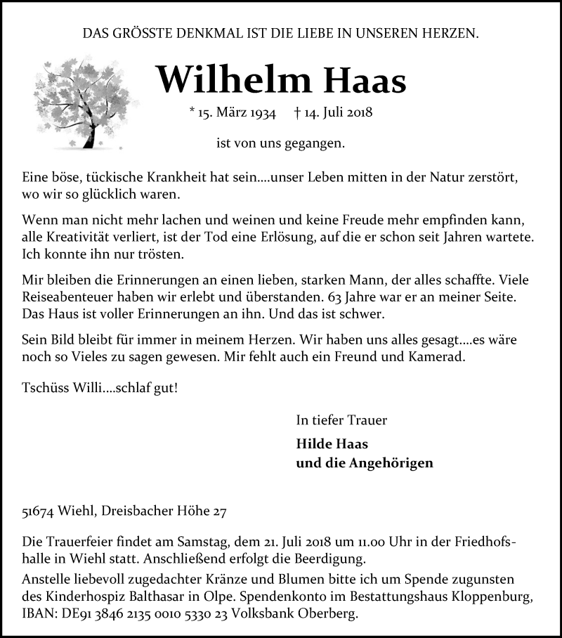  Traueranzeige für Wi8lhelm Haas vom 18.07.2018 aus OB