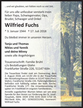 Anzeige von Wilfried Fuchs von  Kölner Wochenspiegel 