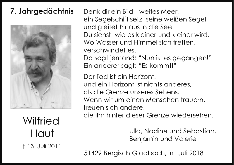  Traueranzeige für Wilfried Haut vom 11.07.2018 aus  Bergisches Handelsblatt 