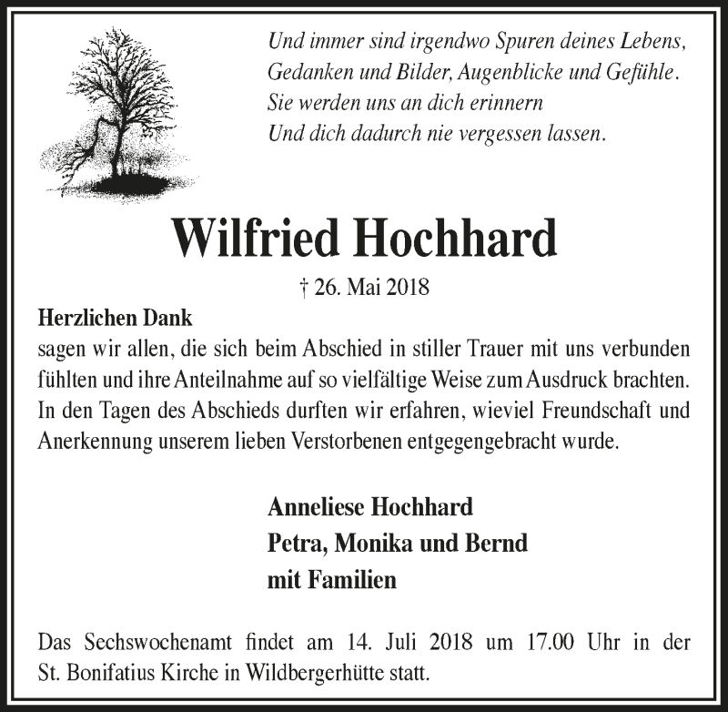  Traueranzeige für Wilfried Hochhard vom 11.07.2018 aus  Lokalanzeiger 