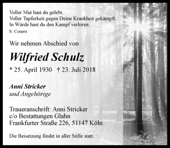 Anzeige von Wilfried Schulz von  Kölner Wochenspiegel 