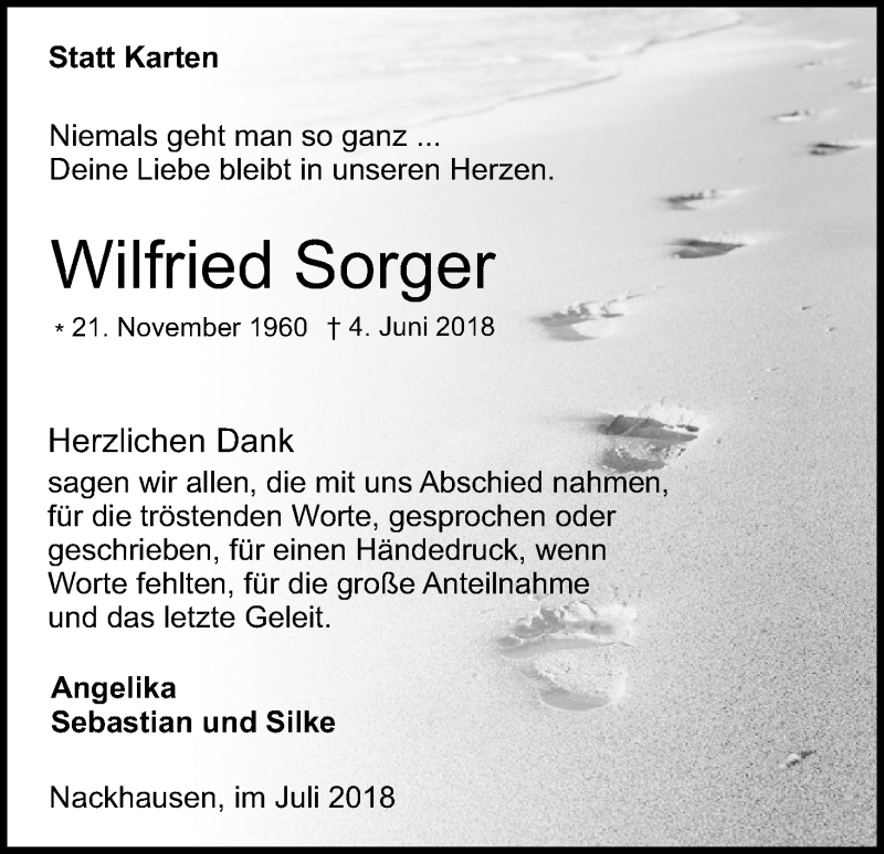  Traueranzeige für Wilfried Sorger vom 07.07.2018 aus HS