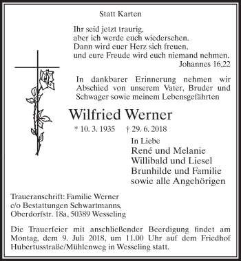 Anzeige von Wilfried Werner von  Schlossbote/Werbekurier 