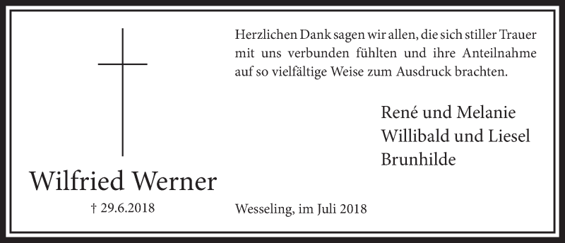  Traueranzeige für Wilfried Werner vom 25.07.2018 aus  Schlossbote/Werbekurier 