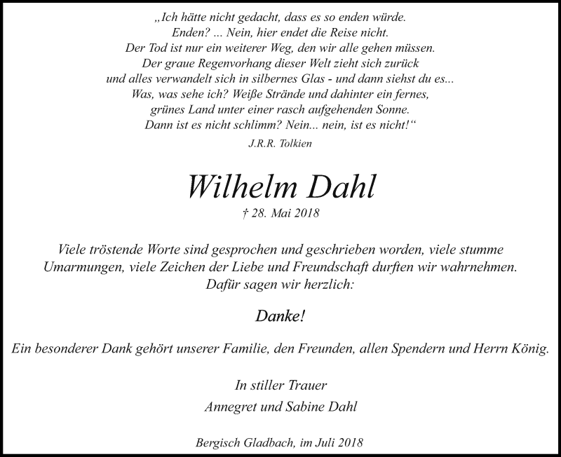  Traueranzeige für Wilhelm Dahl vom 07.07.2018 aus RB