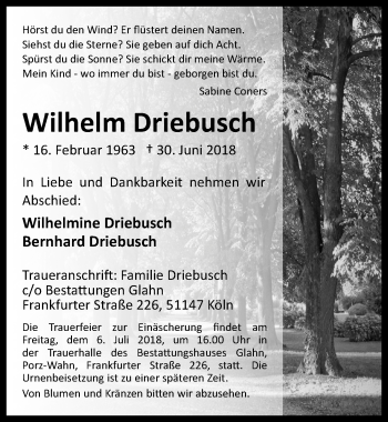 Anzeige von Wilhelm Driebusch von  Kölner Wochenspiegel 
