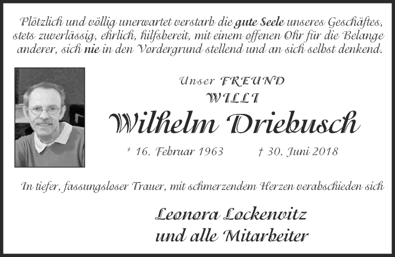  Traueranzeige für Wilhelm Driebusch vom 04.07.2018 aus  Kölner Wochenspiegel 