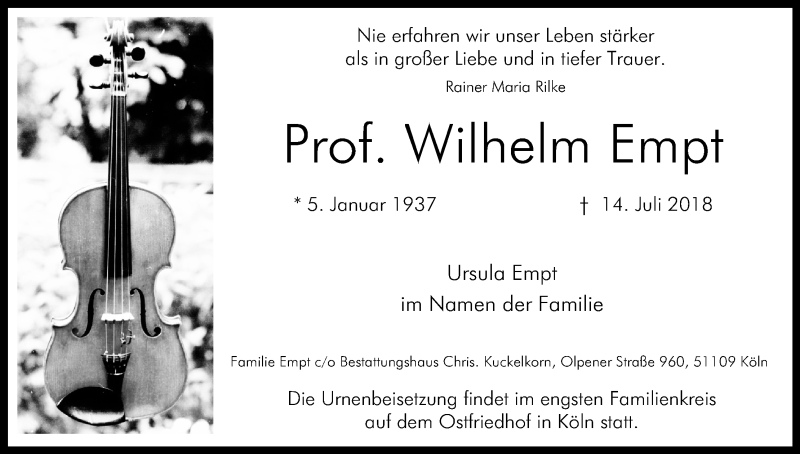  Traueranzeige für Wilhelm Empt vom 21.07.2018 aus GS