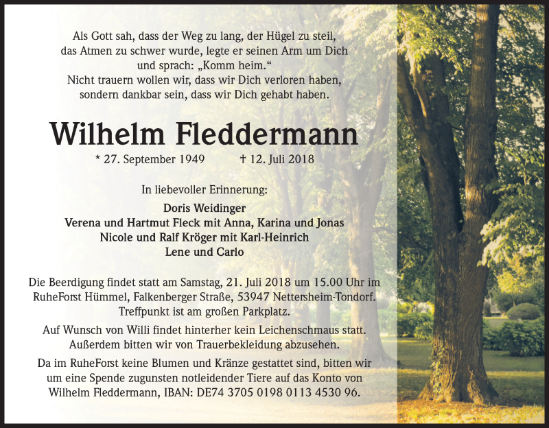  Traueranzeige für Wilhelm Fleddermann vom 18.07.2018 aus GS