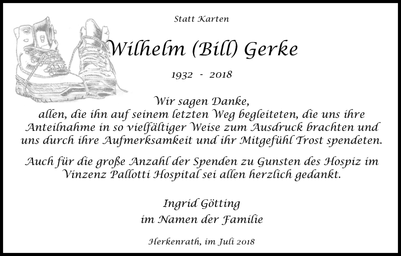  Traueranzeige für Wilhelm Gerke vom 28.07.2018 aus RB