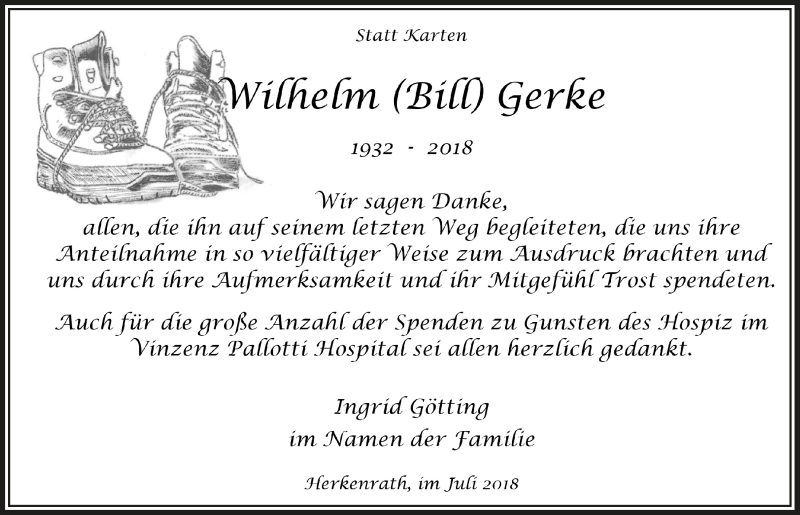  Traueranzeige für Wilhelm Gerke vom 25.07.2018 aus  Bergisches Handelsblatt 