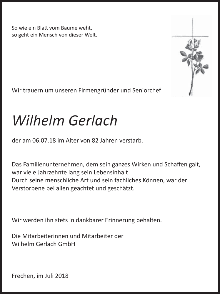  Traueranzeige für Wilhelm Gerlach vom 11.07.2018 aus  Wochenende 
