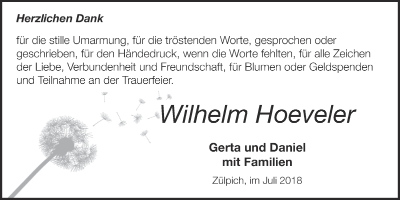  Traueranzeige für Wilhelm Hoeveler vom 28.07.2018 aus  Blickpunkt Euskirchen 