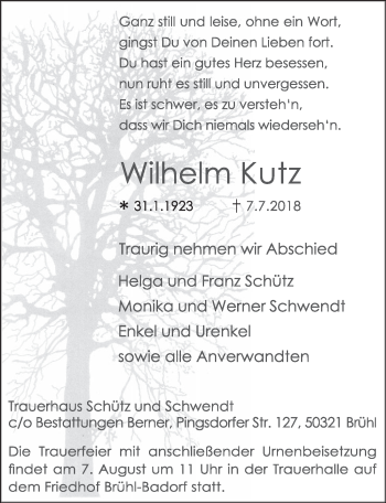 Anzeige von Wilhelm Kutz von  Schlossbote/Werbekurier 