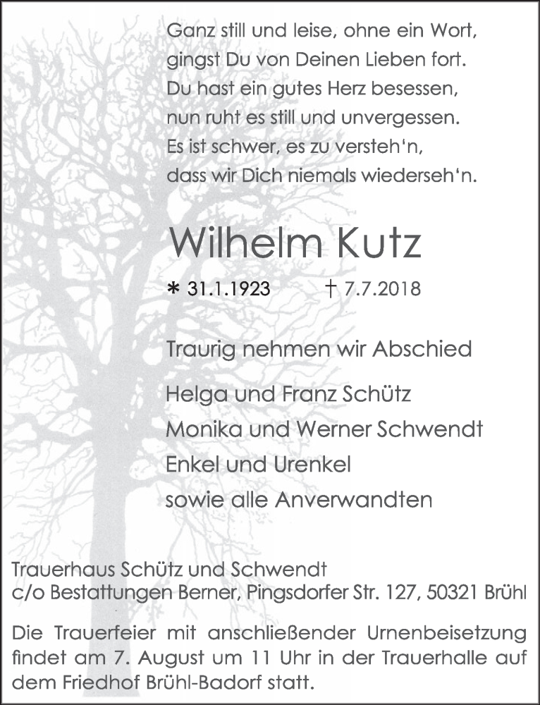  Traueranzeige für Wilhelm Kutz vom 01.08.2018 aus  Schlossbote/Werbekurier 