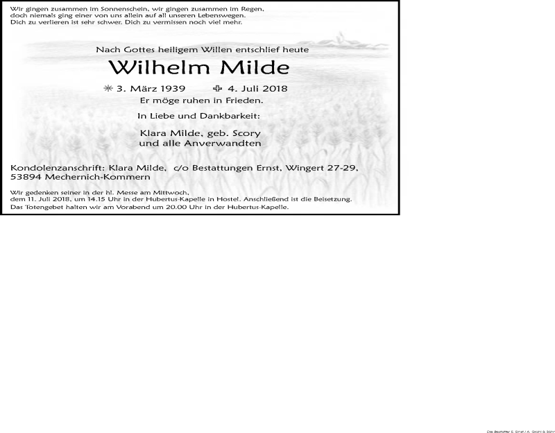  Traueranzeige für Wilhelm Milde vom 10.07.2018 aus EN