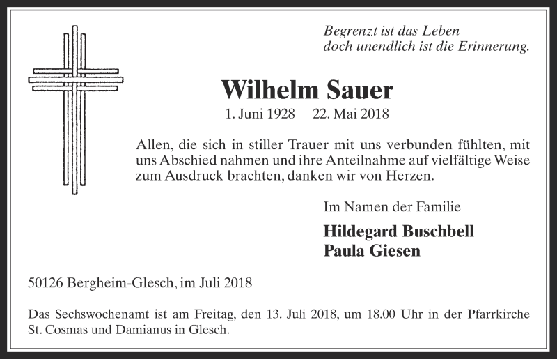 Traueranzeige für Wilhelm Sauer vom 04.07.2018 aus  Werbepost 