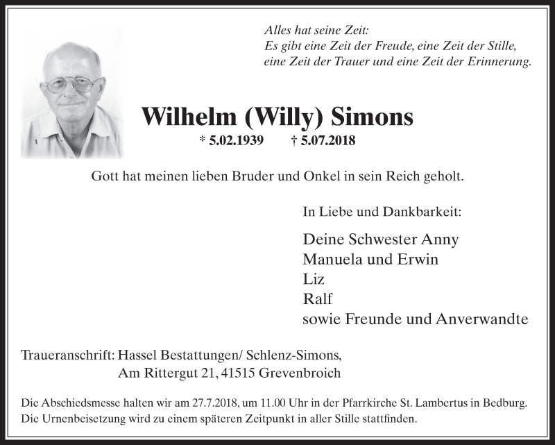  Traueranzeige für Wilhelm Simons vom 25.07.2018 aus  Werbepost 