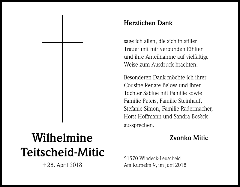  Traueranzeige für Wilhelmine Teitscheid-Mitic vom 07.07.2018 aus GS