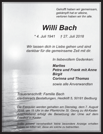 Anzeige von Willi Bach von  Werbepost 
