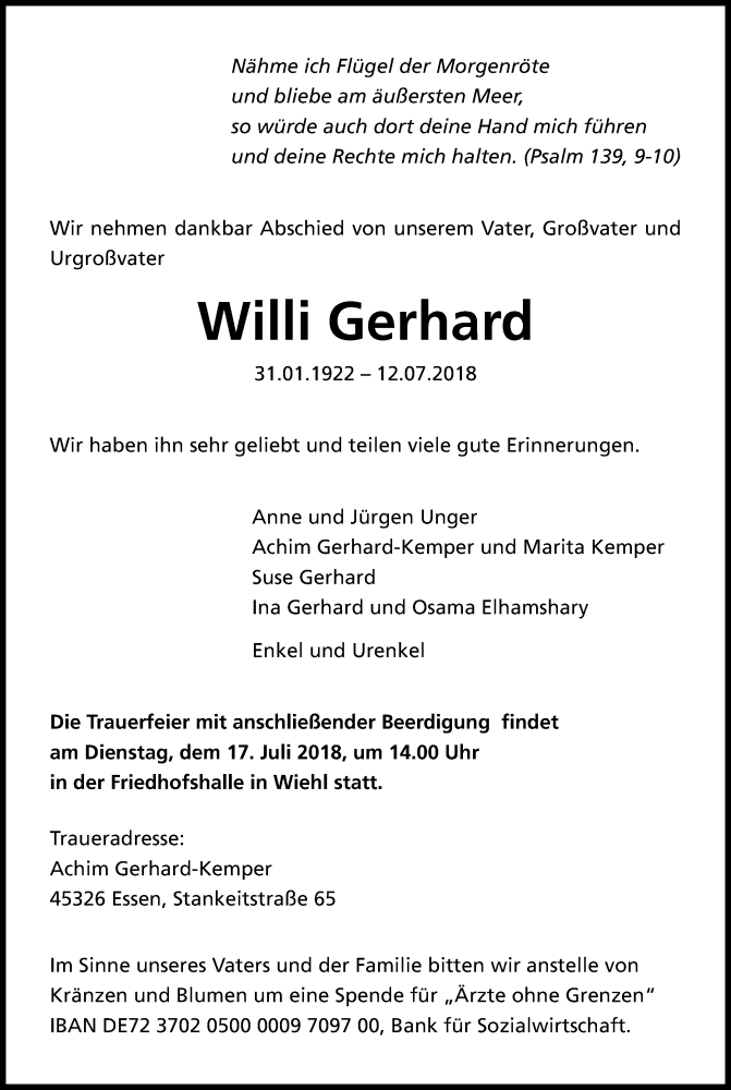  Traueranzeige für Willi Gerhard vom 17.07.2018 aus Köln - Wir Trauern