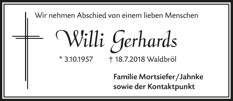  Traueranzeige für Willi Gerhards vom 25.07.2018 aus  Lokalanzeiger 