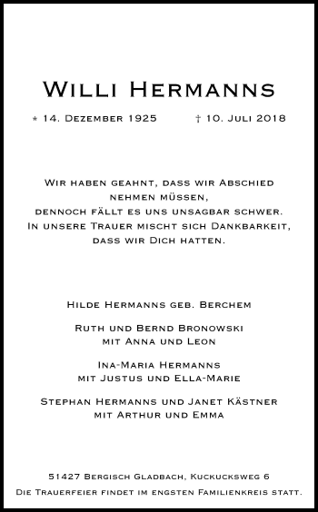 Anzeige von Willi Hermanns von GS