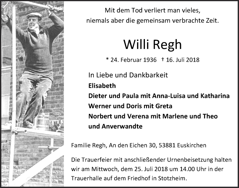  Traueranzeige für Willi Regh vom 21.07.2018 aus  Blickpunkt Euskirchen 