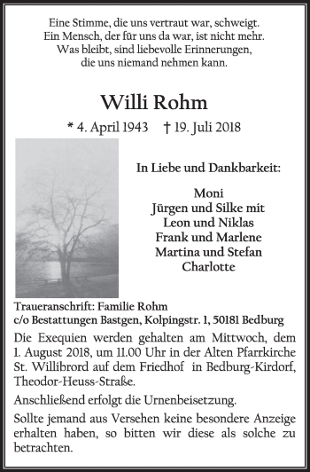 Anzeige von Willi Rohm von  Sonntags-Post 
