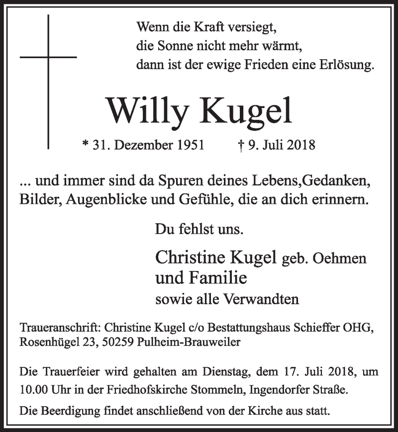 Traueranzeige für Willy Kugel vom 14.07.2018 aus  Sonntags-Post 