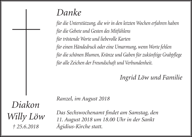  Traueranzeige für Willy Löw vom 01.08.2018 aus  Extra Blatt 