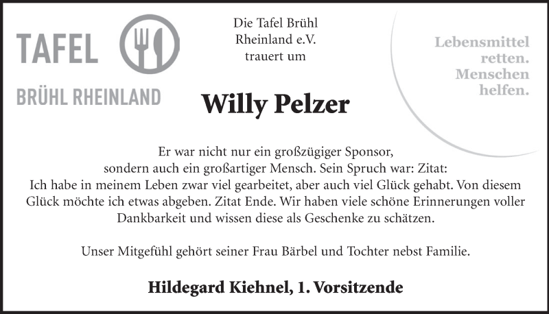  Traueranzeige für Willy Pelzer vom 01.08.2018 aus  Schlossbote/Werbekurier 