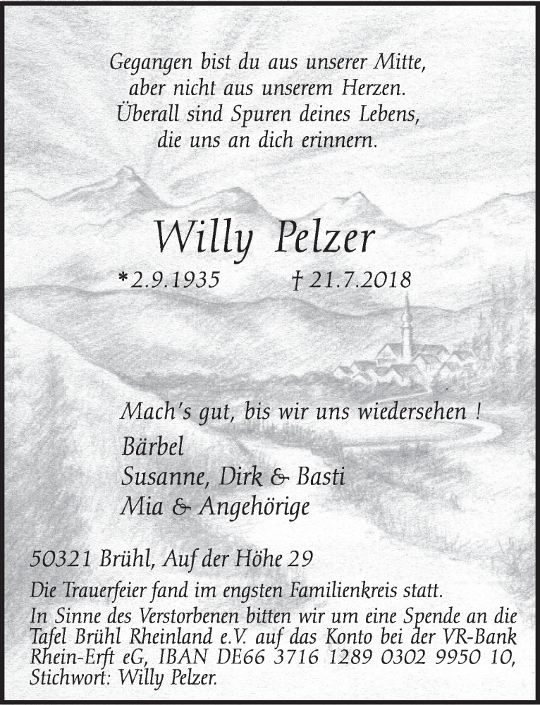  Traueranzeige für Willy Pelzer vom 01.08.2018 aus  Schlossbote/Werbekurier 