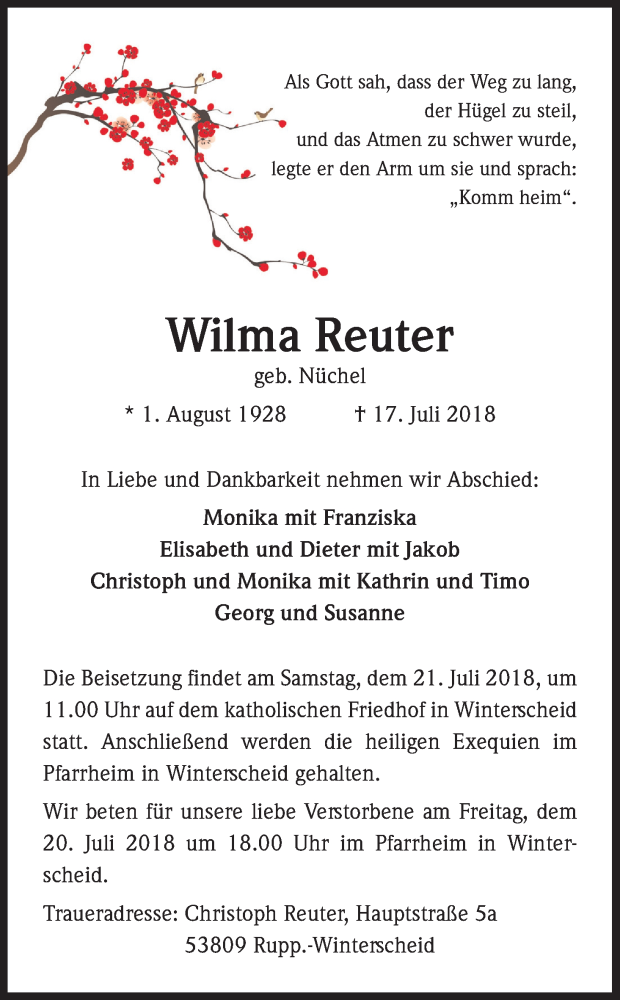  Traueranzeige für Wilma Reuter vom 19.07.2018 aus HS