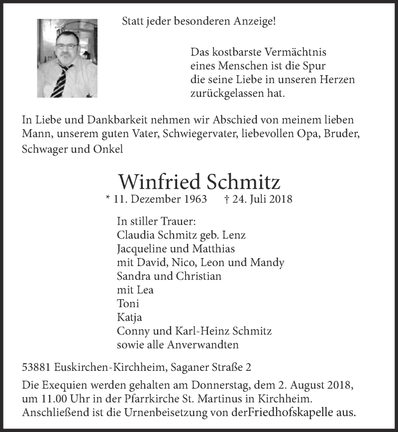  Traueranzeige für Winfried Schmitz vom 28.07.2018 aus  Blickpunkt Euskirchen 