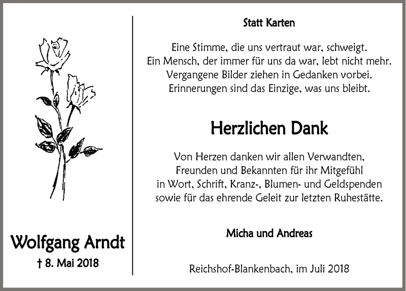  Traueranzeige für Wolfgang Arndt vom 11.07.2018 aus  Anzeigen Echo  Lokalanzeiger 