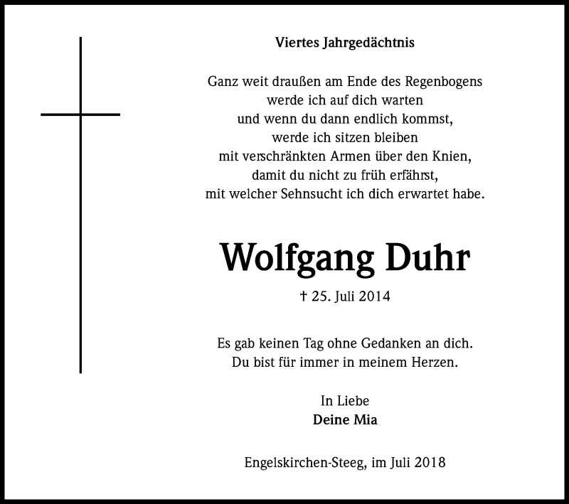  Traueranzeige für Wolfgang Duhr vom 25.07.2018 aus OB