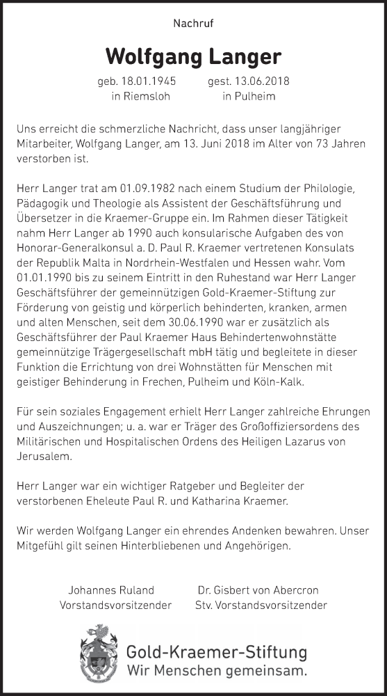  Traueranzeige für Wolfgang Langer vom 07.07.2018 aus  Sonntags-Post 