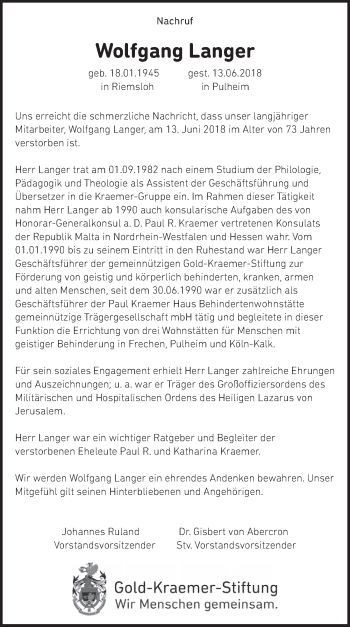 Anzeige von Wolfgang Langer von  Wochenende 
