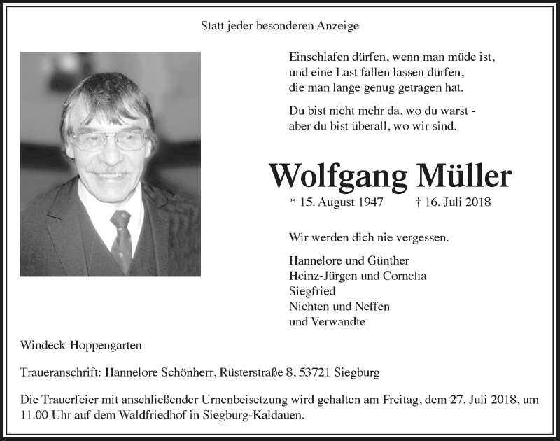  Traueranzeige für Wolfgang Müller vom 25.07.2018 aus  Extra Blatt 