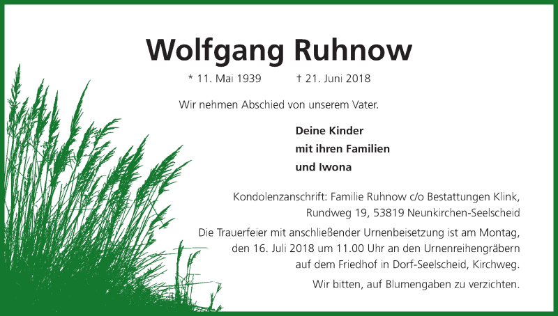  Traueranzeige für Wolfgang Ruhnow vom 07.07.2018 aus HS