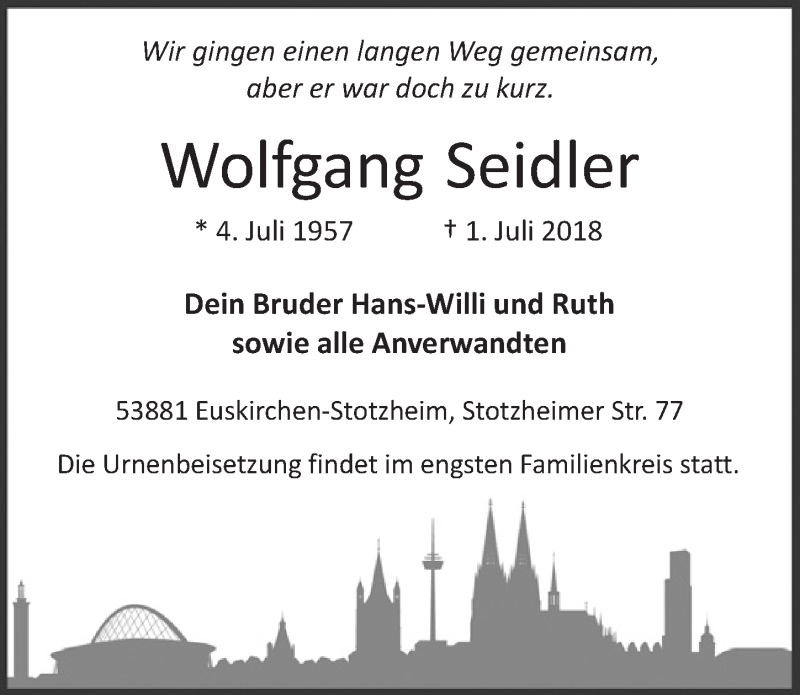  Traueranzeige für Wolfgang Seidler vom 07.07.2018 aus  Blickpunkt Euskirchen 