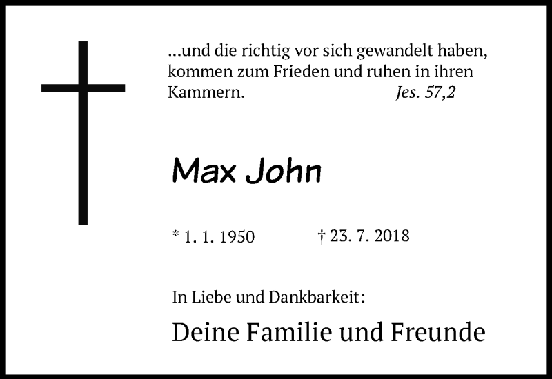  Traueranzeige für Max John vom 24.07.2018 aus 