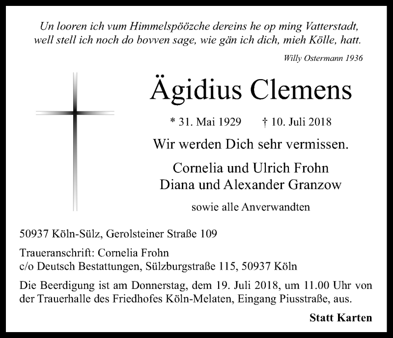  Traueranzeige für Ägidius Clemens vom 14.07.2018 aus EXKB