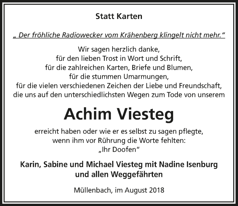  Traueranzeige für Achim Viesteg vom 29.08.2018 aus  Anzeigen Echo 