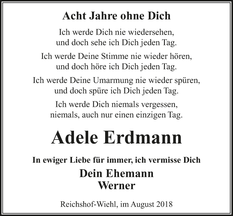  Traueranzeige für Adele Erdmann vom 22.08.2018 aus  Anzeigen Echo 