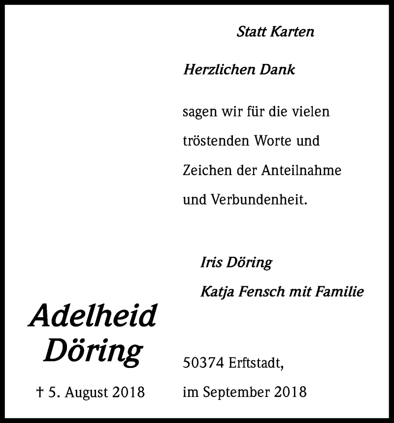  Traueranzeige für Adelheid Döring vom 01.09.2018 aus Kölner Stadt-Anzeiger / Kölnische Rundschau / Express