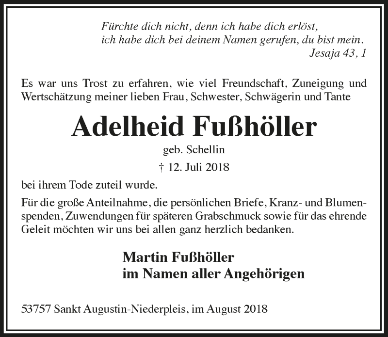  Traueranzeige für Adelheid Fußhöller vom 15.08.2018 aus  Extra Blatt 