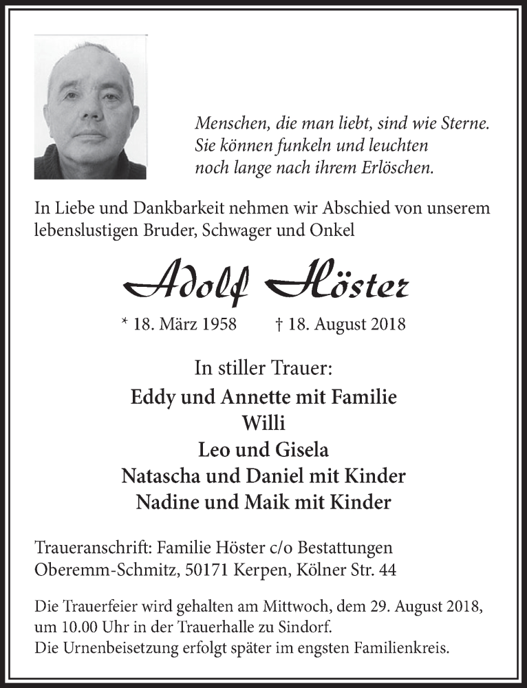  Traueranzeige für Adolf Höster vom 25.08.2018 aus  Sonntags-Post 