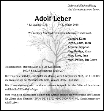 Anzeige von Adolf Leber von Kölner Stadt-Anzeiger / Kölnische Rundschau / Express